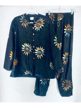 Global Village Pajama Set Womens M Black Abstract Top Pants Boho Japanese